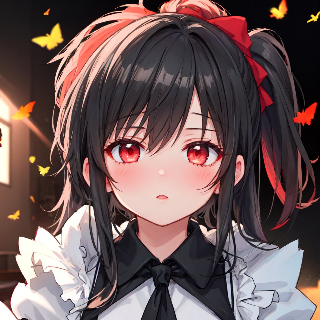 1 girl with long black hair and red eyes,single ponytail.Incoming kiss