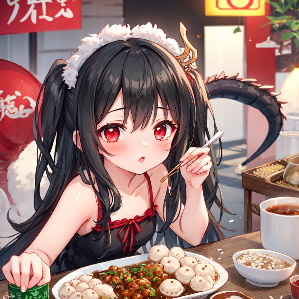 1 girl with long black hair and red eyes.
Feeding rice dumplings during Dragon Boat Festival.