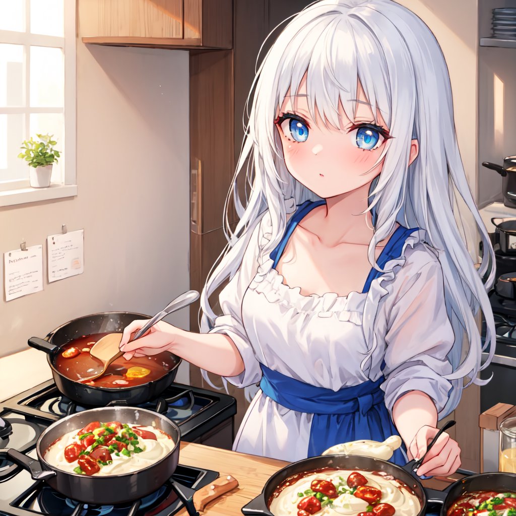 1 woman with long white hair and blue eyes.
Cooking.