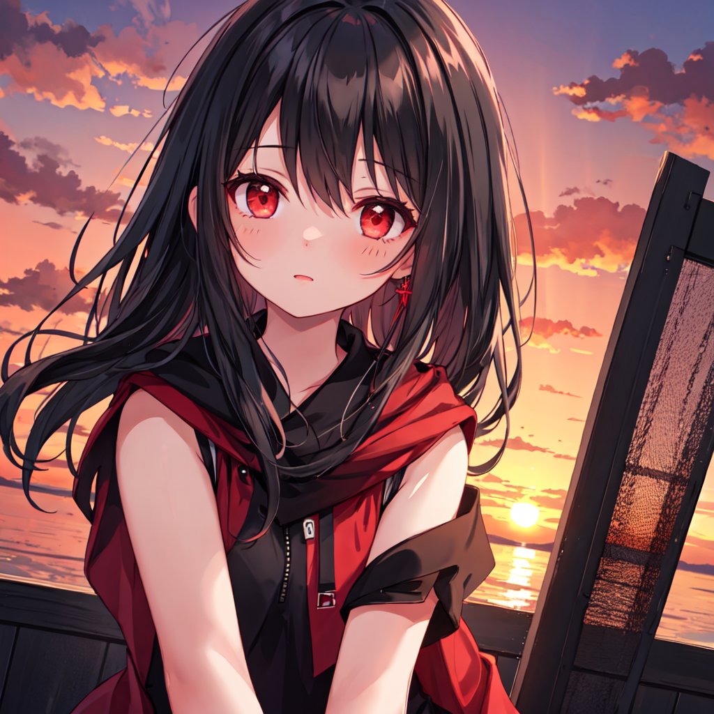 1 girl with black hair and red eyes.
Sunset background,style,masterpiece.