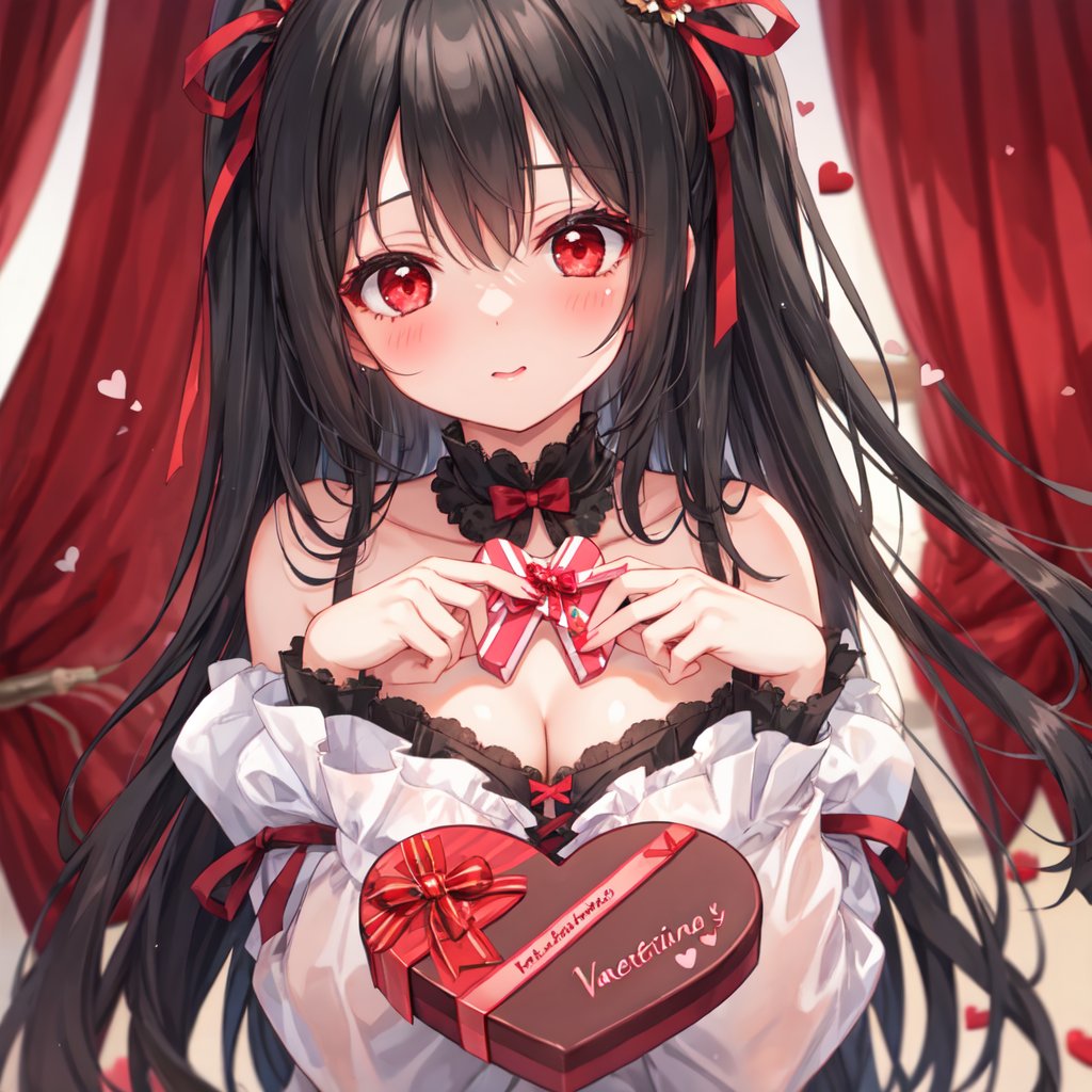 1 girl with long black hair and red eyes.
Valentine's Day Give chocolates.