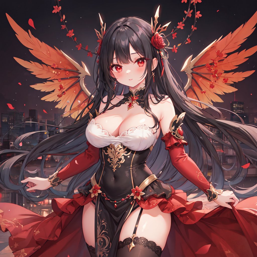 magic Girl with black Doubletailhair and beautiful detailed red eyes.
city ​​scenery background.