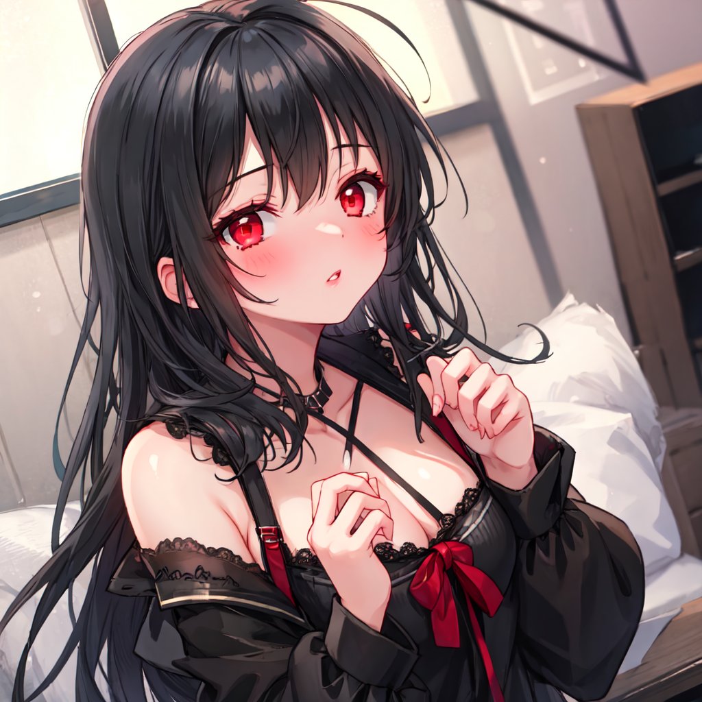1 girl with long black hair and red eyes.
Incoming kissing.