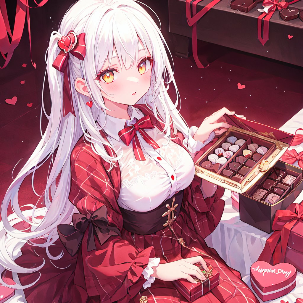 1 Girl with white hair and beautiful detailed golden eyes.
Valentine's Day Give chocolates.