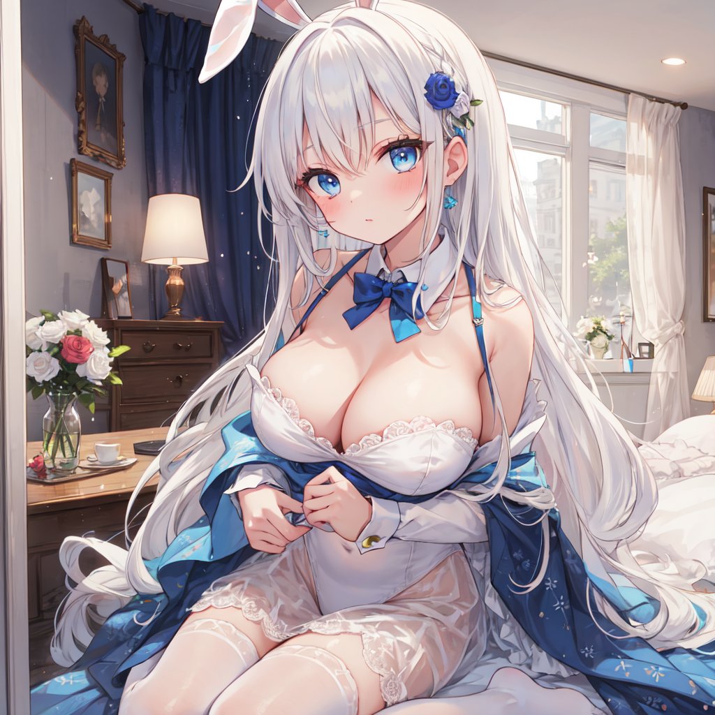 1 woman with long white hair and beautiful detailed blue eyes.
Dressed as a bunny_girl.