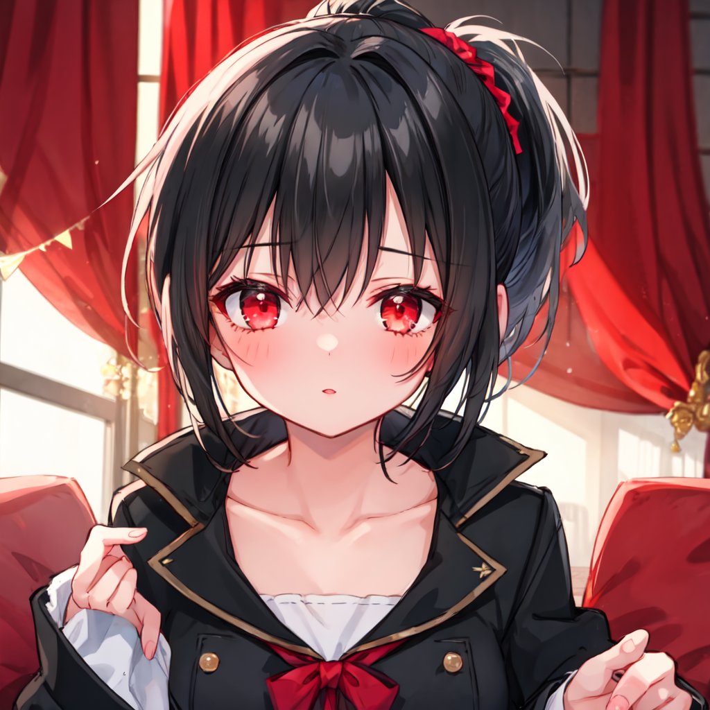 1 girl with long black hair and red eyes,single ponytail.