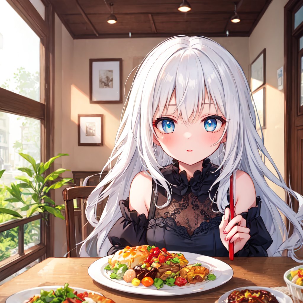 1 woman with long white hair and blue eyes.
Table food.