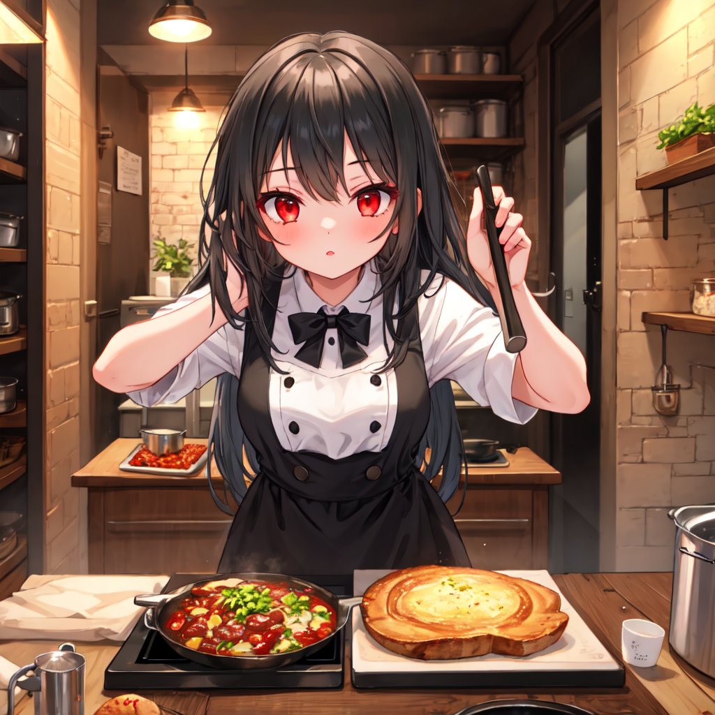 1 girl with long black hair and red eyes.
cooking table cuisine.