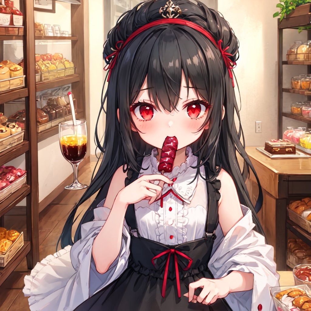 1 girl with long black hair and red eyes,eat sweets.