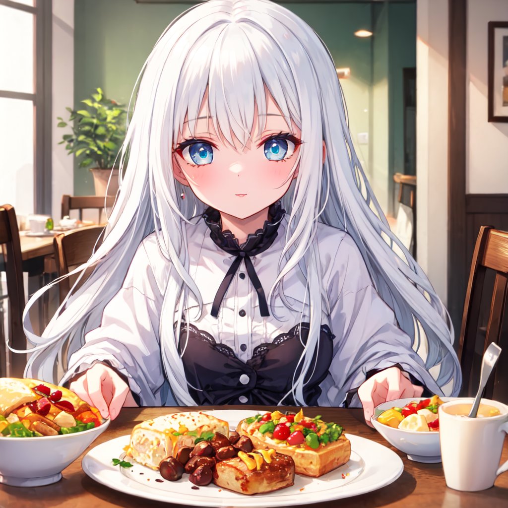 1 woman with long white hair and blue eyes.
Table food.