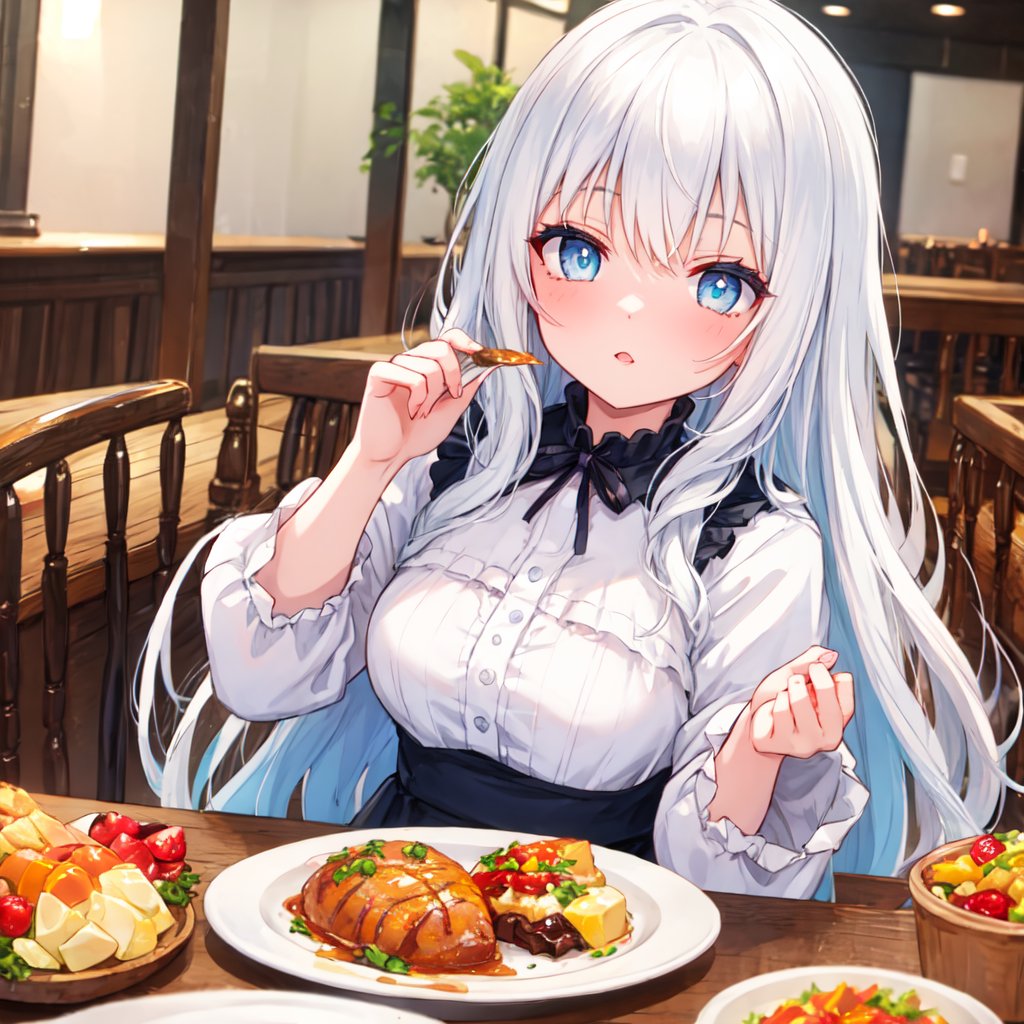 1 woman with long white hair and blue eyes.
Table food.