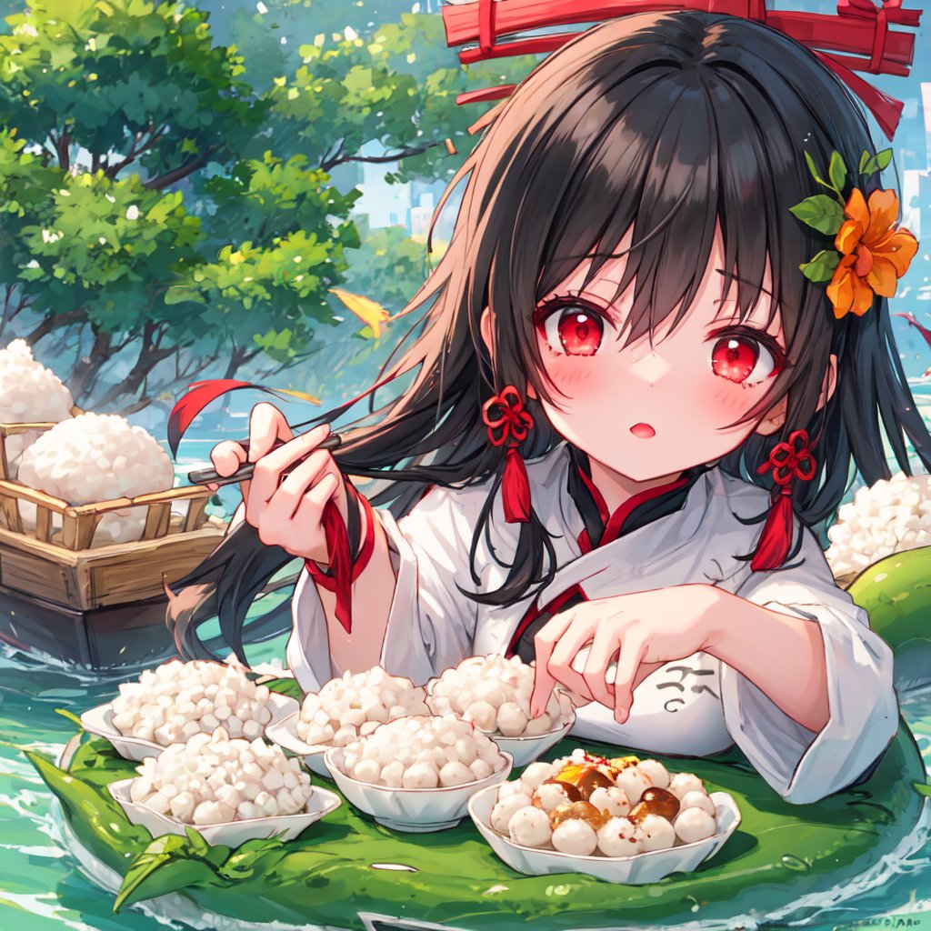1 girl with long black hair and red eyes.
Feed rice dumplings on Dragon Boat Festival.