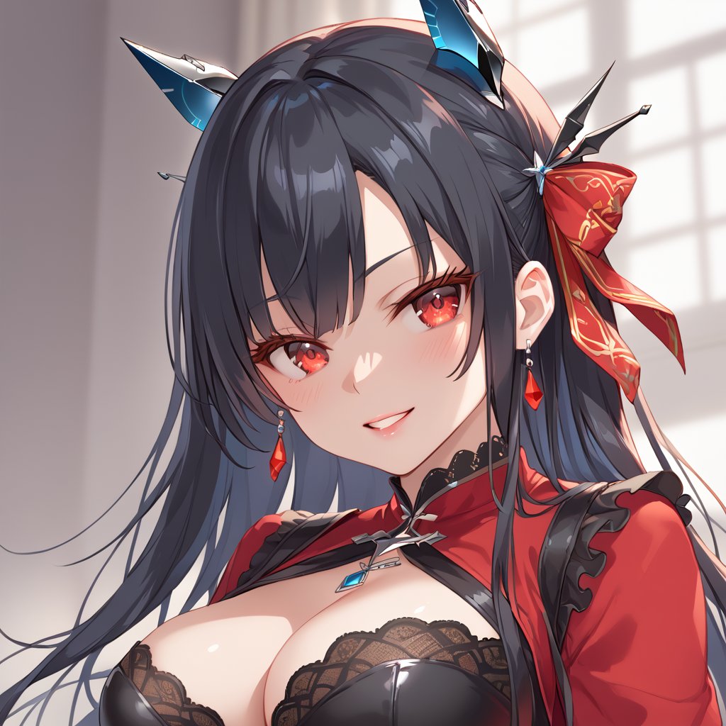 Girl with black Doubletailhair and red eyes,score_9