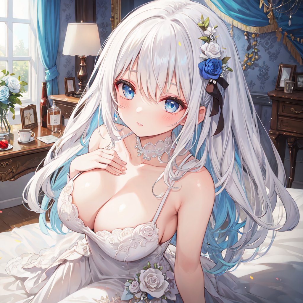 1 woman with long white hair and blue eyes.
Dressed as a bride.