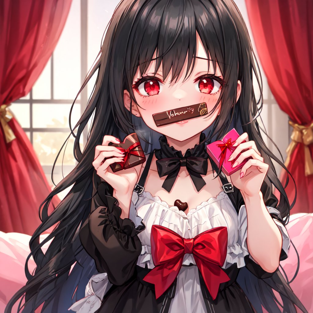 1 girl with long black hair and red eyes.
Valentine's Day Give chocolates.