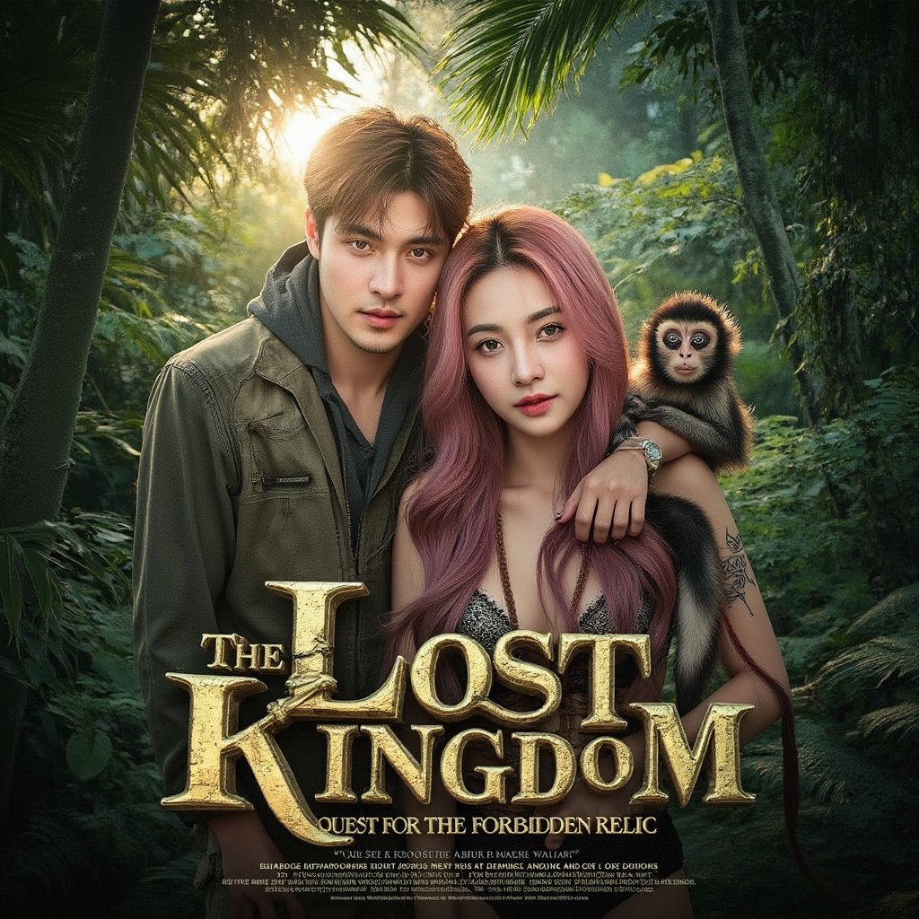 masterpiece,best quality, extremely detailed 8k,8k resolution,exquisite facial features,prefect face, A highly detailed and ultra-realistic 8K movie poster titled ‘The Lost Kingdom: Quest for the Forbidden Relic,’ set in a thrilling, mysterious adventure style inspired by classic jungle exploration films. The scene vividly captures a rugged and lush jungle environment with photorealistic details, including ancient ruins and hidden dangers lurking in the dense foliage. At the center of the poster are the main characters: a handsome male lead with bronze hair and white skin, featuring sharp, attractive features reminiscent of a Korean movie star, with a strong jawline, captivating eyes, and a confident yet charming expression. He is dressed in stylish adventure gear with lifelike textures, and his loyal pygmy monkey, rendered in stunning detail, perches on his shoulder, adding a touch of wild charm. Beside him is the beautiful female lead with pink hair and fair skin, with a face that is breathtakingly stunning like a top Korean actress. She has delicate yet striking features, including big, expressive eyes, a flawless complexion, and an alluring smile. She is dressed in a daring, form-fitting adventure outfit that highlights her confident and adventurous spirit, exuding a mix of fierceness and allure. Supporting characters include a menacing villain in dark attire with a sinister gaze, a wise elder with intricate tribal tattoos and an air of mystery, and a comedic sidekick in authentic explorer gear, adding a touch of humor. The lighting is dramatic, casting dynamic shadows that highlight the characters and the jungle’s hidden threats, with rich, vivid colors emphasizing the sense of adventure. The title ‘The Lost Kingdom: Quest for the Forbidden Relic’ is boldly placed at the bottom in a stylized, adventure-themed font. Below the title, the caption reads: ‘Embark on the ultimate adventure into the heart of a mysterious land where danger and wonder collide. Only the brave can uncover the secrets of the Lost Kingdom.’ The entire composition is designed to be as sharp, detailed, and realistic as possible, capturing the audience’s attention with an immersive 8K cinematic quality.