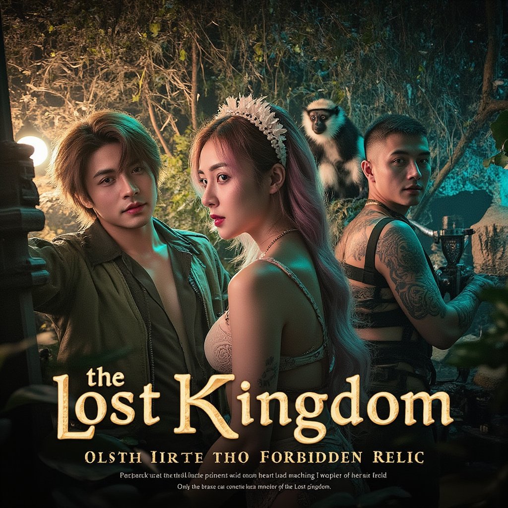 masterpiece,best quality, extremely detailed 8k,8k resolution,exquisite facial features,prefect face, A highly detailed and ultra-realistic 8K movie poster titled ‘The Lost Kingdom: Quest for the Forbidden Relic,’ set in a thrilling, mysterious adventure style inspired by classic jungle exploration films. The scene vividly captures a rugged and lush jungle environment with photorealistic details, including ancient ruins and hidden dangers lurking in the dense foliage. At the center of the poster are the main characters: a handsome male lead with bronze hair and white skin, featuring sharp, attractive features reminiscent of a Korean movie star, with a strong jawline, captivating eyes, and a confident yet charming expression. He is dressed in stylish adventure gear with lifelike textures, and his loyal pygmy monkey, rendered in stunning detail, perches on his shoulder, adding a touch of wild charm. Beside him is the beautiful female lead with pink hair and fair skin, with a face that is breathtakingly stunning like a top Korean actress. She has delicate yet striking features, including big, expressive eyes, a flawless complexion, and an alluring smile. She is dressed in a daring, form-fitting adventure outfit that highlights her confident and adventurous spirit, exuding a mix of fierceness and allure. Supporting characters include a menacing villain in dark attire with a sinister gaze, a wise elder with intricate tribal tattoos and an air of mystery, and a comedic sidekick in authentic explorer gear, adding a touch of humor. The lighting is dramatic, casting dynamic shadows that highlight the characters and the jungle’s hidden threats, with rich, vivid colors emphasizing the sense of adventure. The title ‘The Lost Kingdom: Quest for the Forbidden Relic’ is boldly placed at the bottom in a stylized, adventure-themed font. Below the title, the caption reads: ‘Embark on the ultimate adventure into the heart of a mysterious land where danger and wonder collide. Only the brave can uncover the secrets of the Lost Kingdom.’ The entire composition is designed to be as sharp, detailed, and realistic as possible, capturing the audience’s attention with an immersive 8K cinematic quality.