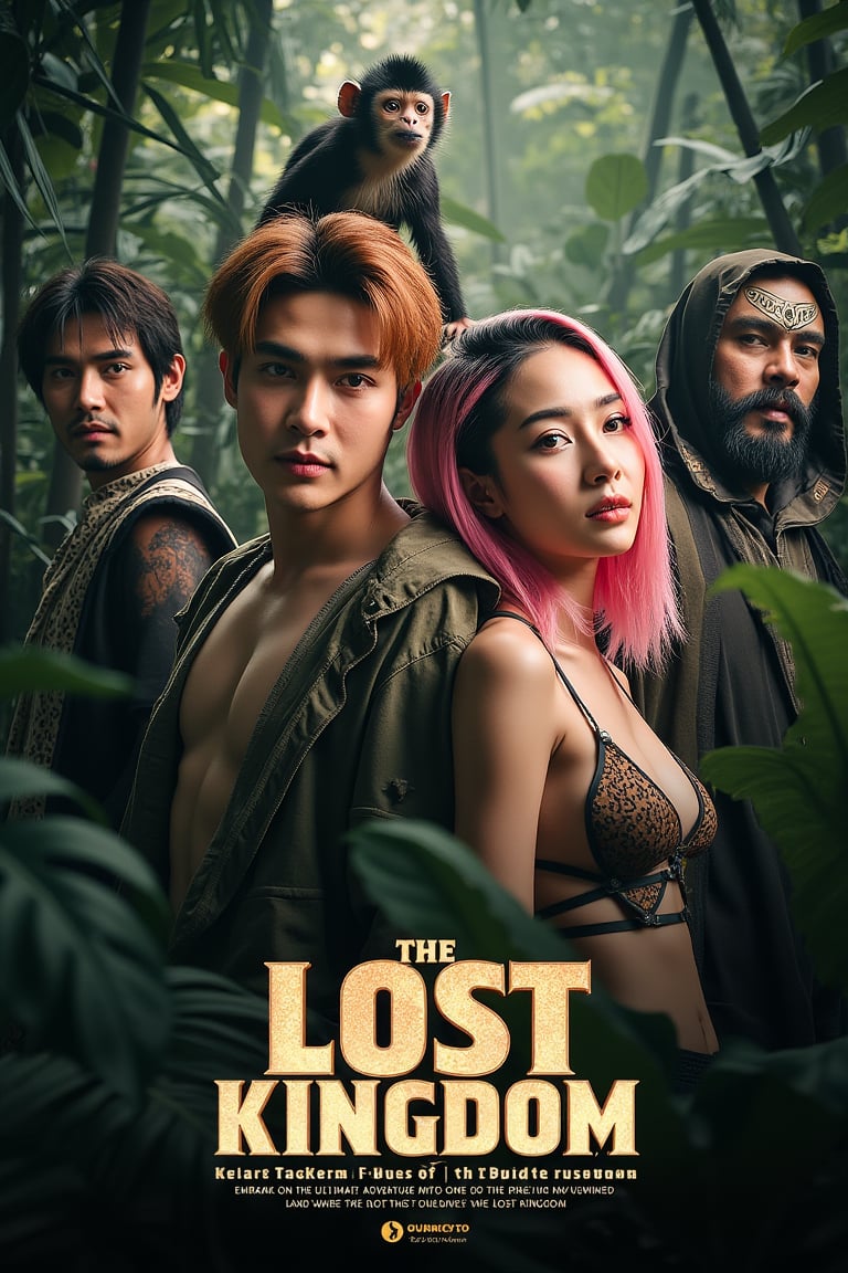 masterpiece,best quality, extremely detailed 8k,8k resolution,exquisite facial features,prefect face, A highly detailed and ultra-realistic 8K movie poster titled ‘The Lost Kingdom: Quest for the Forbidden Relic,’ set in a thrilling, mysterious adventure style inspired by classic jungle exploration films. The scene vividly captures a rugged and lush jungle environment with photorealistic details, including ancient ruins and hidden dangers lurking in the dense foliage. At the center of the poster are the main characters: a handsome male lead with bronze hair and white skin, featuring sharp, attractive features reminiscent of a Korean movie star, with a strong jawline, captivating eyes, and a confident yet charming expression. He is dressed in stylish adventure gear with lifelike textures, and his loyal pygmy monkey, rendered in stunning detail, perches on his shoulder, adding a touch of wild charm. Beside him is the beautiful female lead with pink hair and fair skin, with a face that is breathtakingly stunning like a top Korean actress. She has delicate yet striking features, including big, expressive eyes, a flawless complexion, and an alluring smile. She is dressed in a daring, form-fitting adventure outfit that highlights her confident and adventurous spirit, exuding a mix of fierceness and allure. Supporting characters include a menacing villain in dark attire with a sinister gaze, a wise elder with intricate tribal tattoos and an air of mystery, and a comedic sidekick in authentic explorer gear, adding a touch of humor. The lighting is dramatic, casting dynamic shadows that highlight the characters and the jungle’s hidden threats, with rich, vivid colors emphasizing the sense of adventure. The title ‘The Lost Kingdom: Quest for the Forbidden Relic’ is boldly placed at the bottom in a stylized, adventure-themed font. Below the title, the caption reads: ‘Embark on the ultimate adventure into the heart of a mysterious land where danger and wonder collide. Only the brave can uncover the secrets of the Lost Kingdom.’ The entire composition is designed to be as sharp, detailed, and realistic as possible, capturing the audience’s attention with an immersive 8K cinematic quality.