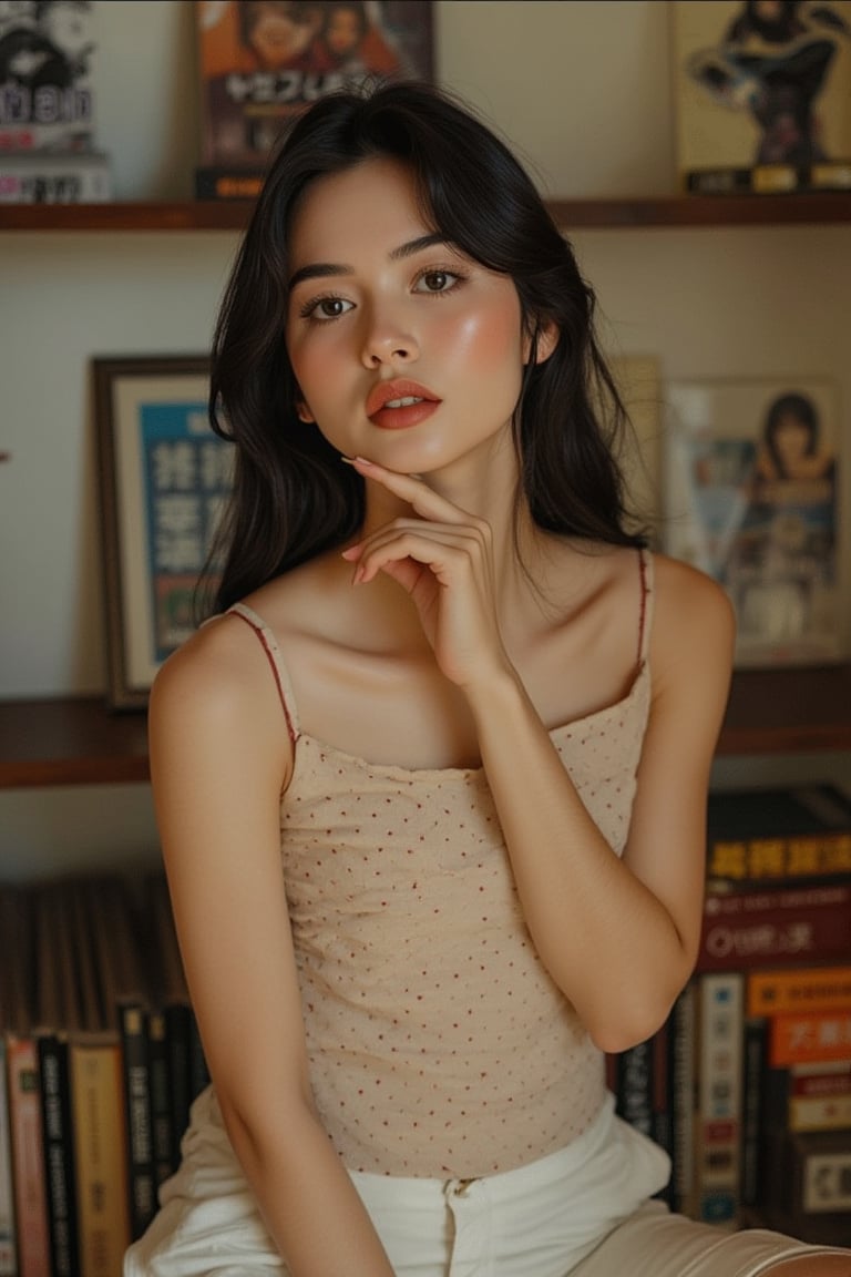 image of a 21-year-old woman sitting casually in a cozy room filled with manga posters and stacks of comic books. She has long, straight dark brown hair that falls naturally past her shoulders. Her eyes are expressive and almond-shaped, giving her a captivating, thoughtful gaze. She has a delicate and soft facial structure with light natural makeup—soft pink lips, subtle eyeliner, and a touch of blush. She wears a light, sleeveless top with small red polka dots and white shorts, emphasizing her relaxed style. One strap of her top is intentionally slipped off her shoulder, subtly revealing her collarbone and adding a hint of sensuality to her appearance. Her pose is slightly playful, with one hand resting on her lap and the other near her lips, adding a sense of curiosity and allure. The soft, natural lighting creates a warm glow, enhancing the intimate and youthful vibe of the scene. The image captures the distinct grain and nostalgic feel of film photography, shot with an Olympus Zuiko Auto-S 38mm f/1.8 lens, adding a vintage and authentic touch.