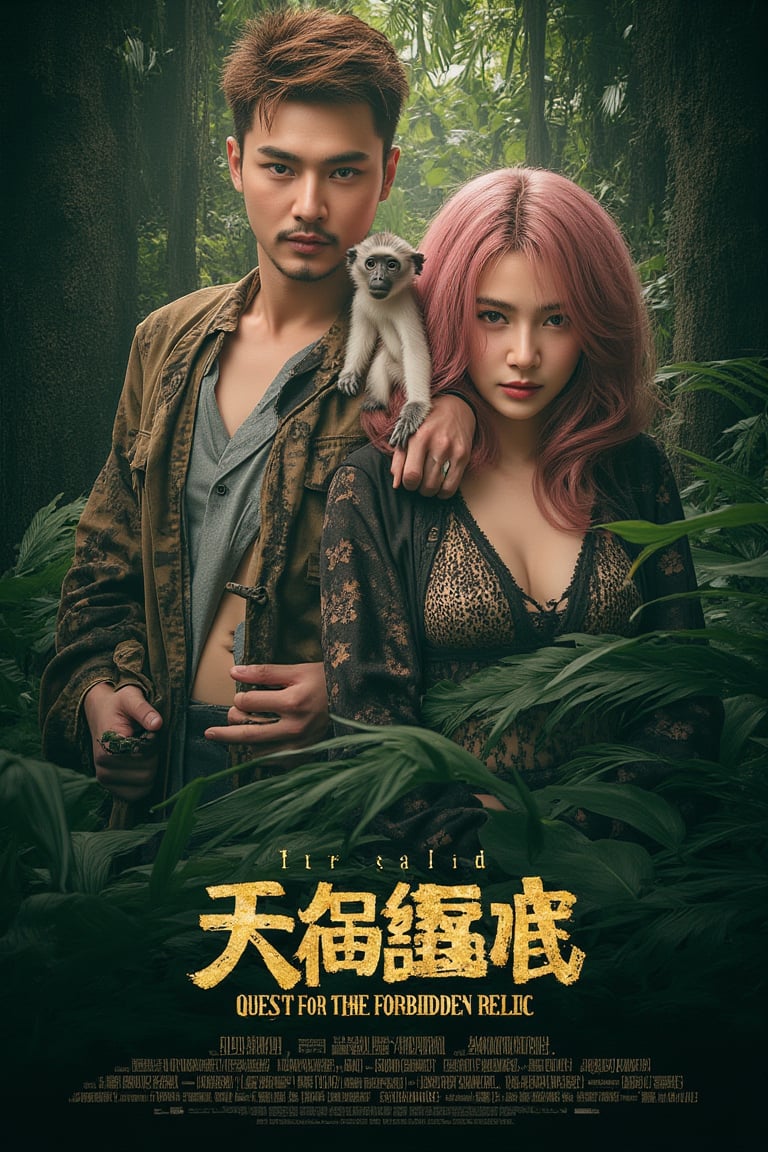 masterpiece,best quality, extremely detailed 8k,8k resolution,exquisite facial features,prefect face, A highly detailed and ultra-realistic 8K movie poster titled ‘The Lost Kingdom: Quest for the Forbidden Relic,’ set in a thrilling, mysterious adventure style inspired by classic jungle exploration films. The scene vividly captures a rugged and lush jungle environment with photorealistic details, including ancient ruins and hidden dangers lurking in the dense foliage. At the center of the poster are the main characters: a handsome male lead with bronze hair and white skin, featuring sharp, attractive features reminiscent of a Korean movie star, with a strong jawline, captivating eyes, and a confident yet charming expression. He is dressed in stylish adventure gear with lifelike textures, and his loyal pygmy monkey, rendered in stunning detail, perches on his shoulder, adding a touch of wild charm. Beside him is the beautiful female lead with pink hair and fair skin, with a face that is breathtakingly stunning like a top Korean actress. She has delicate yet striking features, including big, expressive eyes, a flawless complexion, and an alluring smile. She is dressed in a daring, form-fitting adventure outfit that highlights her confident and adventurous spirit, exuding a mix of fierceness and allure. Supporting characters include a menacing villain in dark attire with a sinister gaze, a wise elder with intricate tribal tattoos and an air of mystery, and a comedic sidekick in authentic explorer gear, adding a touch of humor. The lighting is dramatic, casting dynamic shadows that highlight the characters and the jungle’s hidden threats, with rich, vivid colors emphasizing the sense of adventure. The title ‘The Lost Kingdom: Quest for the Forbidden Relic’ is boldly placed at the bottom in a stylized, adventure-themed font. Below the title, the caption reads: ‘Embark on the ultimate adventure into the heart of a mysterious land where danger and wonder collide. Only the brave can uncover the secrets of the Lost Kingdom.’ The entire composition is designed to be as sharp, detailed, and realistic as possible, capturing the audience’s attention with an immersive 8K cinematic quality.