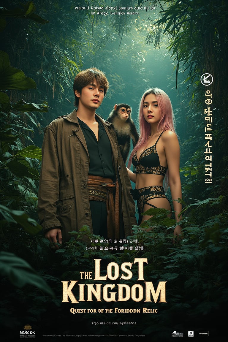 masterpiece,best quality, extremely detailed 8k,8k resolution,exquisite facial features,prefect face, A highly detailed and ultra-realistic 8K movie poster titled ‘The Lost Kingdom: Quest for the Forbidden Relic,’ set in a thrilling, mysterious adventure style inspired by classic jungle exploration films. The scene vividly captures a rugged and lush jungle environment with photorealistic details, including ancient ruins and hidden dangers lurking in the dense foliage. At the center of the poster are the main characters: a handsome male lead with bronze hair and white skin, featuring sharp, attractive features reminiscent of a Korean movie star, with a strong jawline, captivating eyes, and a confident yet charming expression. He is dressed in stylish adventure gear with lifelike textures, and his loyal pygmy monkey, rendered in stunning detail, perches on his shoulder, adding a touch of wild charm. Beside him is the beautiful female lead with pink hair and fair skin, with a face that is breathtakingly stunning like a top Korean actress. She has delicate yet striking features, including big, expressive eyes, a flawless complexion, and an alluring smile. She is dressed in a daring, form-fitting adventure outfit that highlights her confident and adventurous spirit, exuding a mix of fierceness and allure. Supporting characters include a menacing villain in dark attire with a sinister gaze, a wise elder with intricate tribal tattoos and an air of mystery, and a comedic sidekick in authentic explorer gear, adding a touch of humor. The lighting is dramatic, casting dynamic shadows that highlight the characters and the jungle’s hidden threats, with rich, vivid colors emphasizing the sense of adventure. The title ‘The Lost Kingdom: Quest for the Forbidden Relic’ is boldly placed at the bottom in a stylized, adventure-themed font. Below the title, the caption reads: ‘Embark on the ultimate adventure into the heart of a mysterious land where danger and wonder collide. Only the brave can uncover the secrets of the Lost Kingdom.’ The entire composition is designed to be as sharp, detailed, and realistic as possible, capturing the audience’s attention with an immersive 8K cinematic quality.