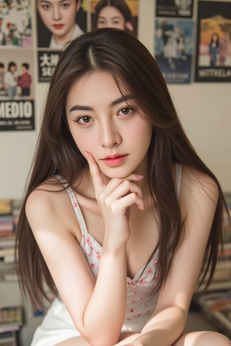 Image of a 21-year-old woman sitting casually in a cozy room filled with manga posters and stacks of comic books. She has long, straight dark brown hair that falls naturally past her shoulders. Her eyes are expressive and almond-shaped, giving her a captivating, thoughtful gaze. She has a delicate and soft facial structure with light natural makeup—soft pink lips, subtle eyeliner, and a touch of blush. She wears a light, sleeveless top with small red polka dots and white shorts, highlighting her relaxed and comfortable style. One strap of her top is gently slipped off her shoulder, adding a subtle touch of nonchalance and effortless appeal to her look. Her pose is slightly playful, with one hand resting on her lap and the other near her lips, adding a sense of curiosity and introspection. The lighting is soft and natural, casting a warm glow that enhances the intimate, youthful vibe of the scene. The image captures the distinct grain and nostalgic feel typical of film photography, specifically shot with an Olympus Zuiko Auto-S 38mm f/1.8 lens, adding a vintage and authentic touch to the overall composition.