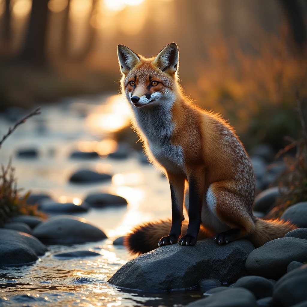 Photograph a solitary fox from a close distance, highlighting the intricate details of its fur and its alert stance as it stands on rocks by the edge of a stream. Capture the scene in early morning light with soft, rising sunlight. Ensure the image is in 8K resolution to showcase the fine textures and details of the fox's fur and the serene, natural setting.