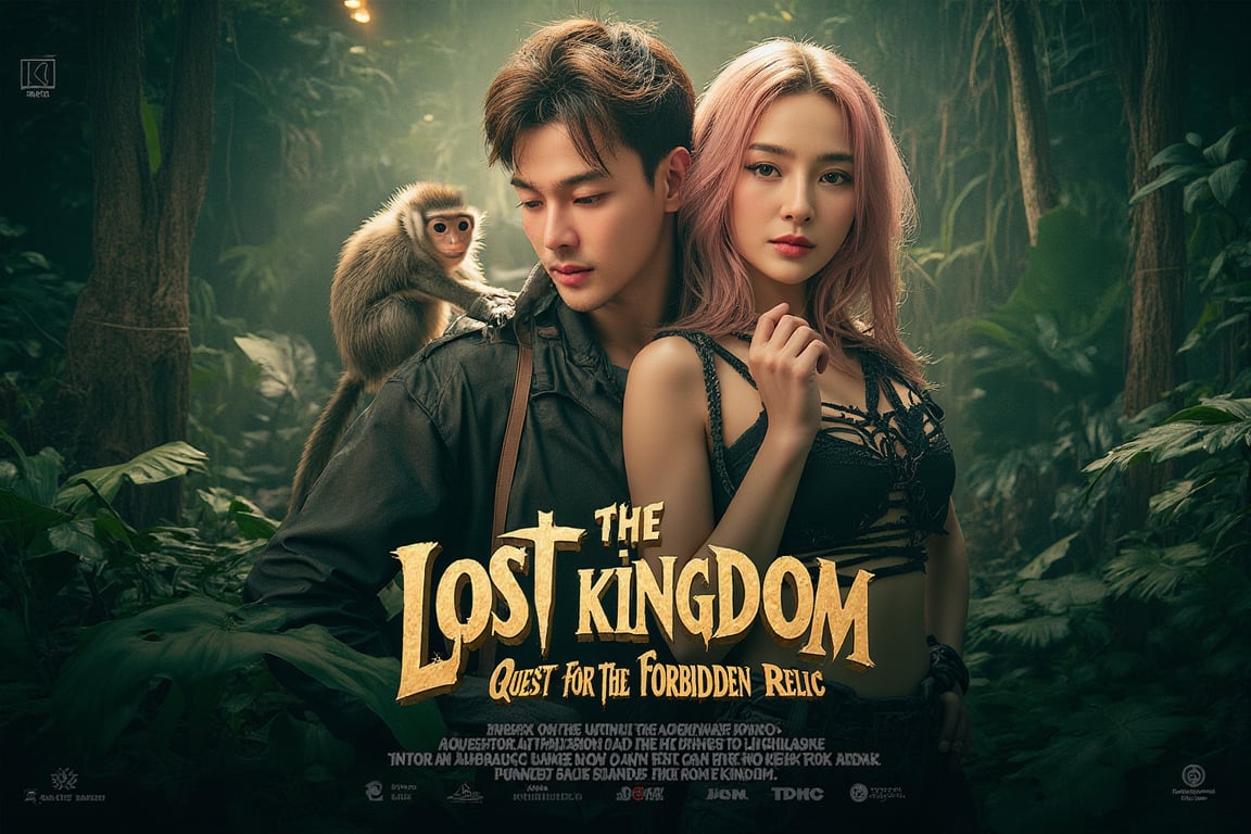 masterpiece,best quality, extremely detailed 8k,8k resolution,exquisite facial features,prefect face, A highly detailed and ultra-realistic 8K movie poster titled ‘The Lost Kingdom: Quest for the Forbidden Relic,’ set in a thrilling, mysterious adventure style inspired by classic jungle exploration films. The scene vividly captures a rugged and lush jungle environment with photorealistic details, including ancient ruins and hidden dangers lurking in the dense foliage. At the center of the poster are the main characters: a handsome male lead with bronze hair and white skin, featuring sharp, attractive features reminiscent of a Korean movie star, with a strong jawline, captivating eyes, and a confident yet charming expression. He is dressed in stylish adventure gear with lifelike textures, and his loyal pygmy monkey, rendered in stunning detail, perches on his shoulder, adding a touch of wild charm. Beside him is the beautiful female lead with pink hair and fair skin, with a face that is breathtakingly stunning like a top Korean actress. She has delicate yet striking features, including big, expressive eyes, a flawless complexion, and an alluring smile. She is dressed in a daring, form-fitting adventure outfit that highlights her confident and adventurous spirit, exuding a mix of fierceness and allure. Supporting characters include a menacing villain in dark attire with a sinister gaze, a wise elder with intricate tribal tattoos and an air of mystery, and a comedic sidekick in authentic explorer gear, adding a touch of humor. The lighting is dramatic, casting dynamic shadows that highlight the characters and the jungle’s hidden threats, with rich, vivid colors emphasizing the sense of adventure. The title ‘The Lost Kingdom: Quest for the Forbidden Relic’ is boldly placed at the bottom in a stylized, adventure-themed font. Below the title, the caption reads: ‘Embark on the ultimate adventure into the heart of a mysterious land where danger and wonder collide. Only the brave can uncover the secrets of the Lost Kingdom.’ The entire composition is designed to be as sharp, detailed, and realistic as possible, capturing the audience’s attention with an immersive 8K cinematic quality.