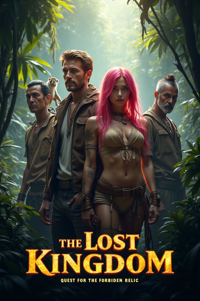 masterpiece,best quality, extremely detailed 8k,8k resolution,exquisite facial features,prefect face, A highly detailed and ultra-realistic 8K movie poster titled ‘The Lost Kingdom: Quest for the Forbidden Relic,’ set in a thrilling, mysterious adventure style inspired by classic jungle exploration films. The scene vividly captures a rugged and lush jungle environment with photorealistic details, including ancient ruins and hidden dangers lurking in the dense foliage. At the center of the poster are the main characters: a charismatic male lead with bronze hair and white skin, wearing stylish adventure gear with lifelike textures. His expression is determined, and his loyal pygmy monkey, rendered in stunning detail, perches on his shoulder, bringing a touch of wild charm. Beside him stands the beautiful female lead with pink hair and fair skin, dressed in a daring, eye-catching outfit that perfectly showcases her confidence and adventurous spirit. Her pose and expression exude a mix of fierceness and allure. The supporting characters include a menacing villain in dark attire with a sinister gaze, a wise elder with intricate tribal tattoos and an air of mystery, and a comedic sidekick in authentic explorer gear, adding a touch of humor. The lighting is dramatic, casting dynamic shadows that highlight the characters and the jungle’s hidden threats, with rich, vivid colors emphasizing the sense of adventure. The title ‘The Lost Kingdom: Quest for the Forbidden Relic’ is boldly placed at the bottom in a stylized, adventure-themed font. Below the title, the caption reads: ‘Embark on the ultimate adventure into the heart of a mysterious land where danger and wonder collide. Only the brave can uncover the secrets of the Lost Kingdom.’ The entire composition is designed to be as sharp, detailed, and realistic as possible, capturing the audience’s attention with an immersive 8K cinematic quality.