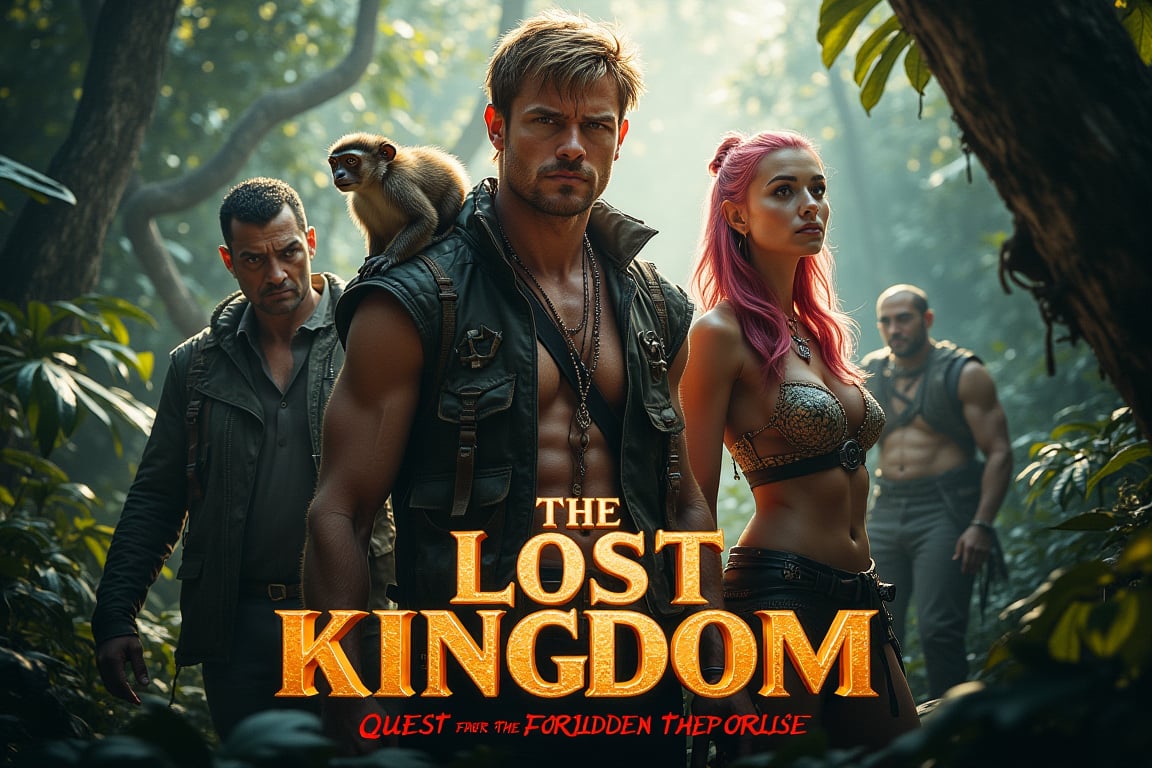 masterpiece,best quality, extremely detailed 8k,8k resolution,exquisite facial features,prefect face, A highly detailed and ultra-realistic 8K movie poster titled ‘The Lost Kingdom: Quest for the Forbidden Relic,’ set in a thrilling, mysterious adventure style inspired by classic jungle exploration films. The scene vividly captures a rugged and lush jungle environment with photorealistic details, including ancient ruins and hidden dangers lurking in the dense foliage. At the center of the poster are the main characters: a charismatic male lead with bronze hair and white skin, wearing stylish adventure gear with lifelike textures. His expression is determined, and his loyal pygmy monkey, rendered in stunning detail, perches on his shoulder, bringing a touch of wild charm. Beside him stands the beautiful female lead with pink hair and fair skin, dressed in a daring, eye-catching outfit that perfectly showcases her confidence and adventurous spirit. Her pose and expression exude a mix of fierceness and allure. The supporting characters include a menacing villain in dark attire with a sinister gaze, a wise elder with intricate tribal tattoos and an air of mystery, and a comedic sidekick in authentic explorer gear, adding a touch of humor. The lighting is dramatic, casting dynamic shadows that highlight the characters and the jungle’s hidden threats, with rich, vivid colors emphasizing the sense of adventure. The title ‘The Lost Kingdom: Quest for the Forbidden Relic’ is boldly placed at the bottom in a stylized, adventure-themed font. Below the title, the caption reads: ‘Embark on the ultimate adventure into the heart of a mysterious land where danger and wonder collide. Only the brave can uncover the secrets of the Lost Kingdom.’ The entire composition is designed to be as sharp, detailed, and realistic as possible, capturing the audience’s attention with an immersive 8K cinematic quality.