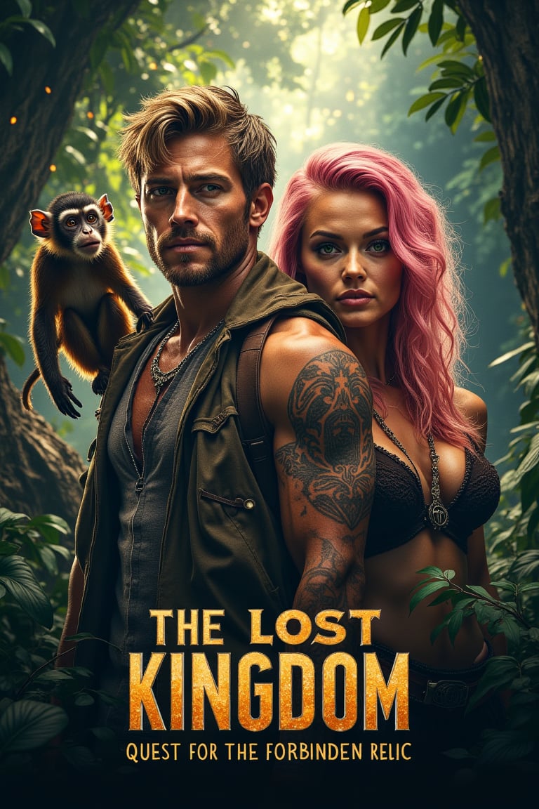 masterpiece,best quality, extremely detailed 8k,8k resolution,exquisite facial features,prefect face, A highly detailed and ultra-realistic 8K movie poster titled ‘The Lost Kingdom: Quest for the Forbidden Relic,’ set in a thrilling, mysterious adventure style inspired by classic jungle exploration films. The scene vividly captures a rugged and lush jungle environment with photorealistic details, including ancient ruins and hidden dangers lurking in the dense foliage. At the center of the poster are the main characters: a charismatic male lead with bronze hair and white skin, wearing stylish adventure gear with lifelike textures. His expression is determined, and his loyal pygmy monkey, rendered in stunning detail, perches on his shoulder, bringing a touch of wild charm. Beside him stands the beautiful female lead with pink hair and fair skin, dressed in a daring, eye-catching outfit that perfectly showcases her confidence and adventurous spirit. Her pose and expression exude a mix of fierceness and allure. The supporting characters include a menacing villain in dark attire with a sinister gaze, a wise elder with intricate tribal tattoos and an air of mystery, and a comedic sidekick in authentic explorer gear, adding a touch of humor. The lighting is dramatic, casting dynamic shadows that highlight the characters and the jungle’s hidden threats, with rich, vivid colors emphasizing the sense of adventure. The title ‘The Lost Kingdom: Quest for the Forbidden Relic’ is boldly placed at the bottom in a stylized, adventure-themed font. Below the title, the caption reads: ‘Embark on the ultimate adventure into the heart of a mysterious land where danger and wonder collide. Only the brave can uncover the secrets of the Lost Kingdom.’ The entire composition is designed to be as sharp, detailed, and realistic as possible, capturing the audience’s attention with an immersive 8K cinematic quality.