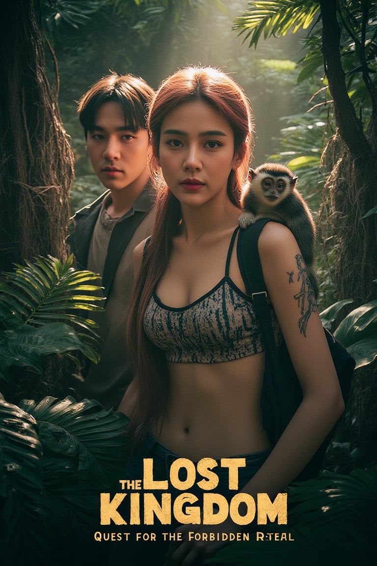 masterpiece,best quality, extremely detailed 8k,8k resolution,exquisite facial features,prefect face, A highly detailed and ultra-realistic 8K movie poster titled ‘The Lost Kingdom: Quest for the Forbidden Relic,’ set in a thrilling, mysterious adventure style inspired by classic jungle exploration films. The scene vividly captures a rugged and lush jungle environment with photorealistic details, including ancient ruins and hidden dangers lurking in the dense foliage. At the center of the poster are the main characters: a handsome male lead with bronze hair and white skin, featuring sharp, attractive features reminiscent of a Korean movie star, with a strong jawline, captivating eyes, and a confident yet charming expression. He is dressed in stylish adventure gear with lifelike textures, and his loyal pygmy monkey, rendered in stunning detail, perches on his shoulder, adding a touch of wild charm. Beside him is the beautiful female lead with pink hair and fair skin, with a face that is breathtakingly stunning like a top Korean actress. She has delicate yet striking features, including big, expressive eyes, a flawless complexion, and an alluring smile. She is dressed in a daring, form-fitting adventure outfit that highlights her confident and adventurous spirit, exuding a mix of fierceness and allure. Supporting characters include a menacing villain in dark attire with a sinister gaze, a wise elder with intricate tribal tattoos and an air of mystery, and a comedic sidekick in authentic explorer gear, adding a touch of humor. The lighting is dramatic, casting dynamic shadows that highlight the characters and the jungle’s hidden threats, with rich, vivid colors emphasizing the sense of adventure. The title ‘The Lost Kingdom: Quest for the Forbidden Relic’ is boldly placed at the bottom in a stylized, adventure-themed font. Below the title, the caption reads: ‘Embark on the ultimate adventure into the heart of a mysterious land where danger and wonder collide. Only the brave can uncover the secrets of the Lost Kingdom.’ The entire composition is designed to be as sharp, detailed, and realistic as possible, capturing the audience’s attention with an immersive 8K cinematic quality.