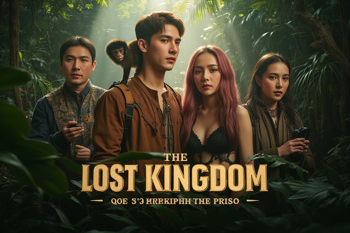 masterpiece,best quality, extremely detailed 8k,8k resolution,exquisite facial features,prefect face, A highly detailed and ultra-realistic 8K movie poster titled ‘The Lost Kingdom: Quest for the Forbidden Relic,’ set in a thrilling, mysterious adventure style inspired by classic jungle exploration films. The scene vividly captures a rugged and lush jungle environment with photorealistic details, including ancient ruins and hidden dangers lurking in the dense foliage. At the center of the poster are the main characters: a handsome male lead with bronze hair and white skin, featuring sharp, attractive features reminiscent of a Korean movie star, with a strong jawline, captivating eyes, and a confident yet charming expression. He is dressed in stylish adventure gear with lifelike textures, and his loyal pygmy monkey, rendered in stunning detail, perches on his shoulder, adding a touch of wild charm. Beside him is the beautiful female lead with pink hair and fair skin, with a face that is breathtakingly stunning like a top Korean actress. She has delicate yet striking features, including big, expressive eyes, a flawless complexion, and an alluring smile. She is dressed in a daring, form-fitting adventure outfit that highlights her confident and adventurous spirit, exuding a mix of fierceness and allure. Supporting characters include a menacing villain in dark attire with a sinister gaze, a wise elder with intricate tribal tattoos and an air of mystery, and a comedic sidekick in authentic explorer gear, adding a touch of humor. The lighting is dramatic, casting dynamic shadows that highlight the characters and the jungle’s hidden threats, with rich, vivid colors emphasizing the sense of adventure. The title ‘The Lost Kingdom: Quest for the Forbidden Relic’ is boldly placed at the bottom in a stylized, adventure-themed font. Below the title, the caption reads: ‘Embark on the ultimate adventure into the heart of a mysterious land where danger and wonder collide. Only the brave can uncover the secrets of the Lost Kingdom.’ The entire composition is designed to be as sharp, detailed, and realistic as possible, capturing the audience’s attention with an immersive 8K cinematic quality.