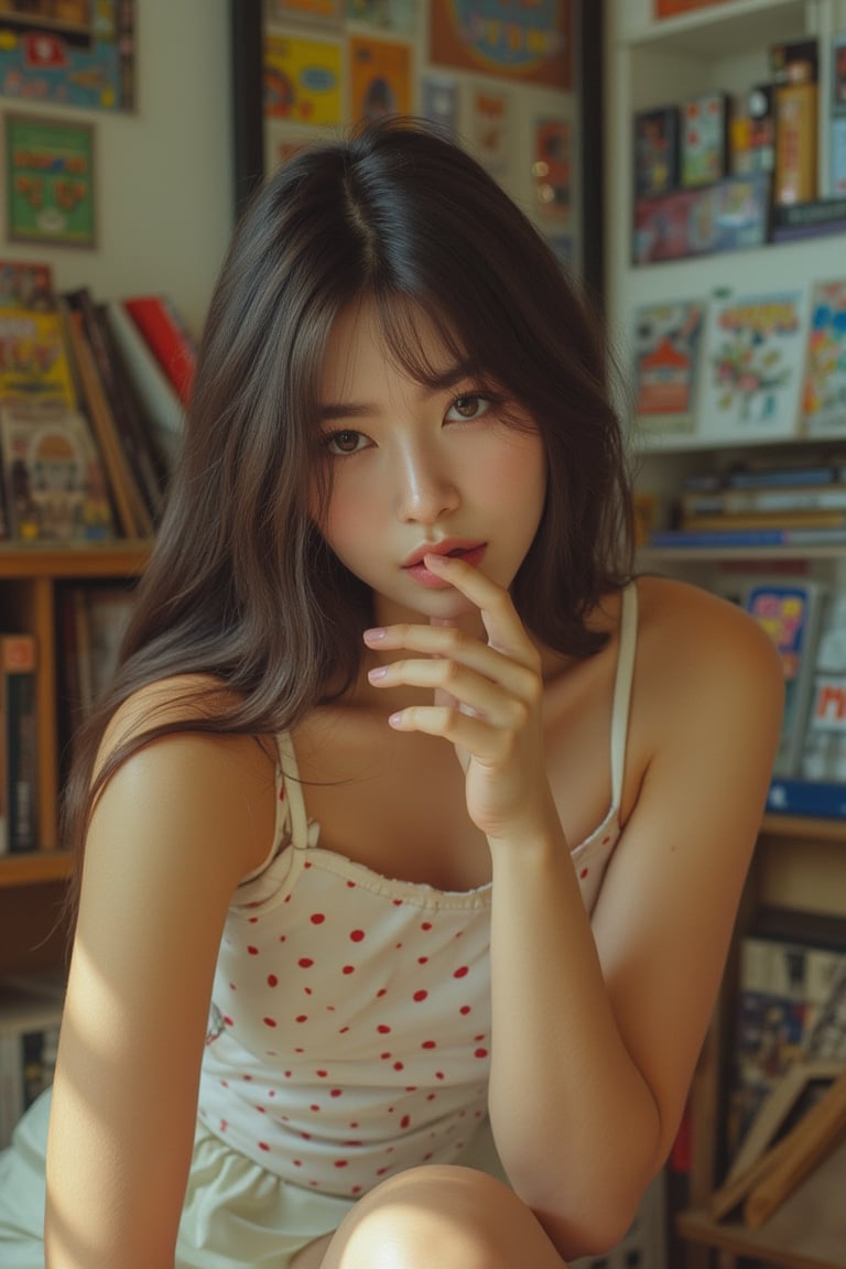 Image of a 21-year-old woman sitting casually in a cozy room filled with manga posters and stacks of comic books. She has long, straight dark brown hair that falls naturally past her shoulders. Her eyes are expressive and almond-shaped, giving her a captivating, thoughtful gaze. She has a delicate and soft facial structure with light natural makeup—soft pink lips, subtle eyeliner, and a touch of blush. She wears a light, sleeveless top with small red polka dots and white shorts, highlighting her relaxed and comfortable style. Her pose is slightly playful, with one hand resting on her lap and the other near her lips, adding a sense of curiosity and introspection. The lighting is soft and natural, casting a warm glow that enhances the intimate, youthful vibe of the scene. The image captures the distinct grain and nostalgic feel typical of film photography, specifically shot with an Olympus Zuiko Auto-S 38mm f/1.8 lens, adding a vintage and authentic touch to the overall composition.