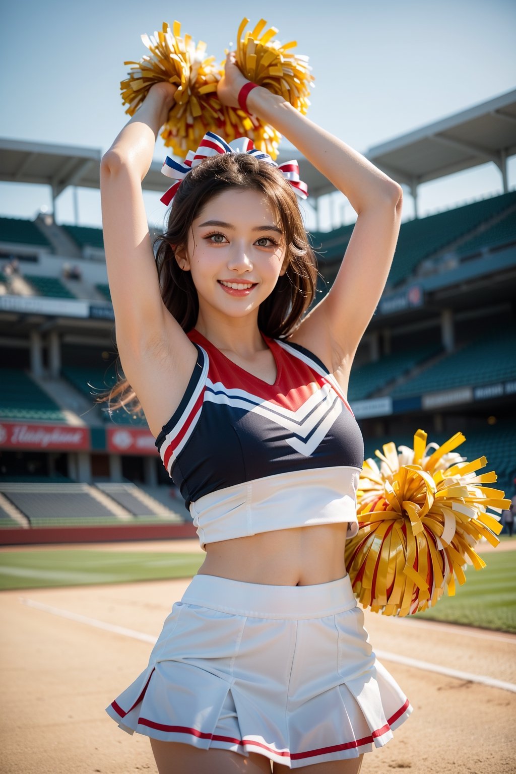 Maximalism, masterpiece, top quality, 8k, high resolution, super detailed, absurd, vivid contrast, insanely detailed,
BREAK
1girl, (Beautiful face, brightly colored shining eyes, clear skin, smile, shiny hair: 1.2),
BREAK
(cheerleader:1.4),
BREAK
baseball stadium,girl,watercolor