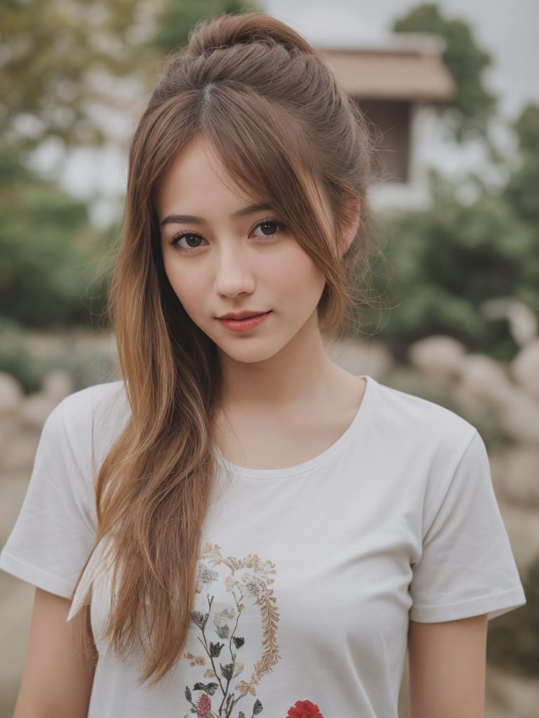 pretty russian mix japanese girl in malaysia, 30 years old. Average body, bright honey eyes with sharp size, full lips, long eyelashes. Black, ponytail, soul and spiritual mentor. T-Shirts,cinematic,photorealistic,masterpiece,1 girl ,best quality