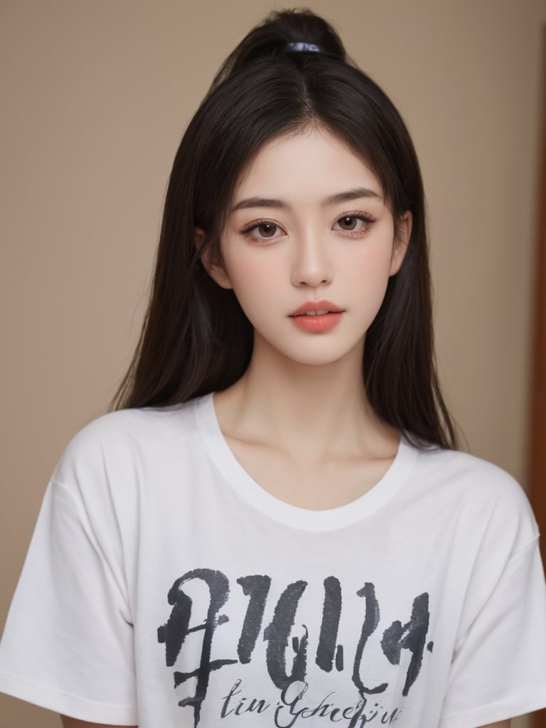 pretty chinese mix girl in malaysia, 30 years old. Average body, bright honey eyes with sharp size, full lips, long eyelashes. Black, ponytail, soul and spiritual mentor. T-Shirts,cinematic,photorealistic,masterpiece,1 girl 