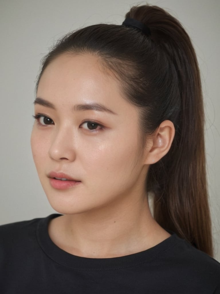 pretty korean mix french girl, 30 years old. Average body, bright honey eyes with sharp size, full lips, long eyelashes. Black, ponytail, soul and spiritual mentor. T-Shirts,cinematic,photorealistic,masterpiece,1 girl ,best quality