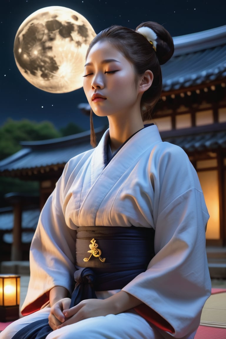 Hida-Sannogu Shrine, big_full_moon, Soft moon light casts a warm glow on her tranquil face, white doves flutter peacefully amidst the night sky, pretty korean mix french girl, black robes, sits cross-legged on a tatami mat, eyes closed in meditation, 25 years old. Average body, bright honey eyes with sharp size, full lips, long eyelashes. Black, ponytail, soul and spiritual mentor, extra photorealisctic, extra detailed, HD.,photorealistic,scenery
