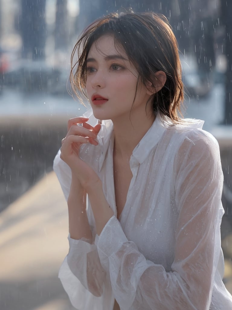 A photorealistic image of a stunningly beautiful woman, soaked in rain. The image
captures intricate details like raindrops on her skin, wet hair clinging to her face, and rainwater
dripping down her clothes. The background features a blurred cityscape with glistening wet streets.
The lighting is dramatic, highlighting her facial features and the shimmer of rain around her. Her
expression is serene, and her eyes are captivating, conveying a sense of peace amidst the rainstorm.
The image composition focuses on her from a close-up angle, emphasising her beauty in the rain