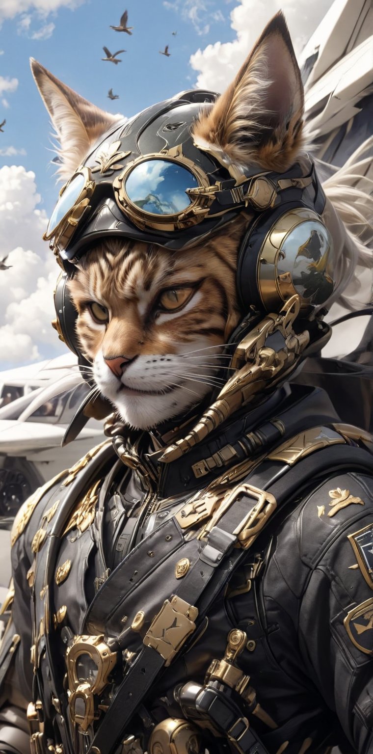 solo, 1boy, animal ears, male focus, sky, cloud, uniform, collar, military, military uniform, bird, animal, cat, helmet, goggles, furry, in aircraft, , whiskers, pilot