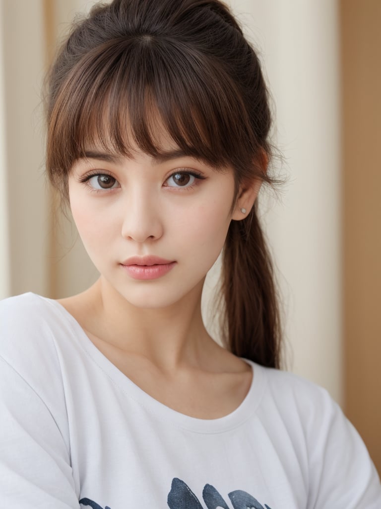 beautiful korean mix french girl, 30 years old. Average body, bright honey eyes with sharp size, full lips, long eyelashes. Black, ponytail, soul and spiritual mentor. T-Shirts,cinematic,photorealistic,masterpiece,1 girl ,best quality, sharp_nose, half_body,enchant3d