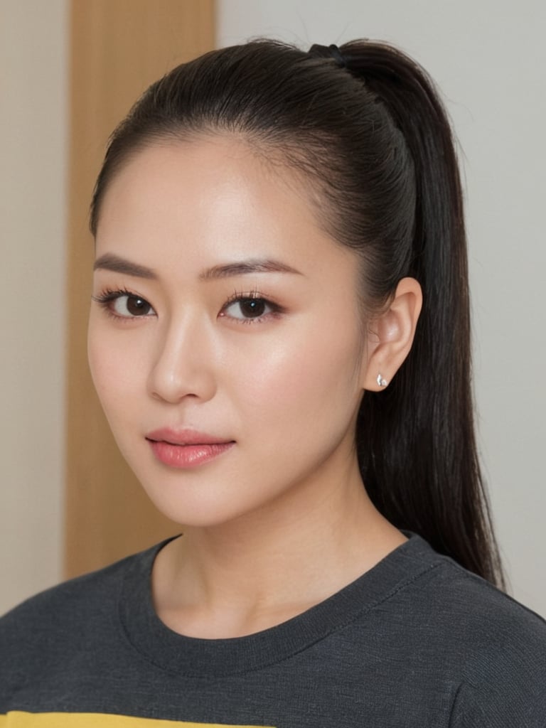 beautiful taiwanese girl, 30 years old. Average body, bright honey eyes with sharp size, full lips, long eyelashes. Black, ponytail, soul and spiritual mentor. T-Shirts,cinematic,photorealistic,masterpiece,1 girl ,best quality