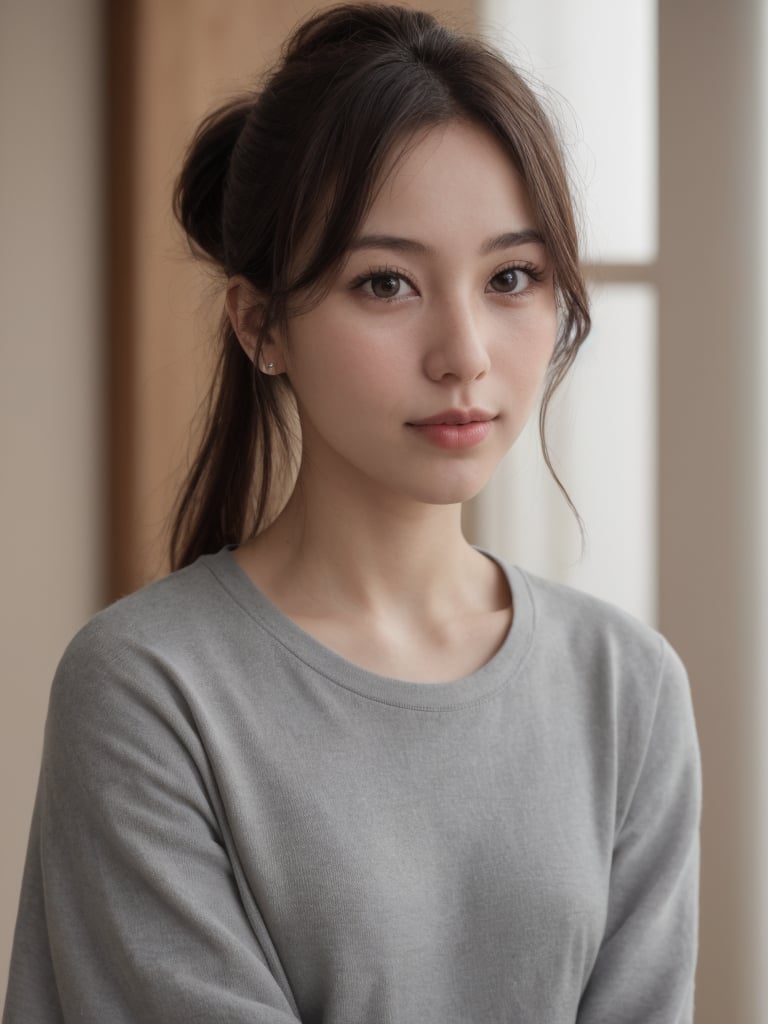 beautiful korean mix french girl, 30 years old. Average body, bright honey eyes with sharp size, full lips, long eyelashes. Black, ponytail, soul and spiritual mentor. T-Shirts,cinematic,photorealistic,masterpiece,1 girl ,best quality, sharp_nose, half_body,enchant3d