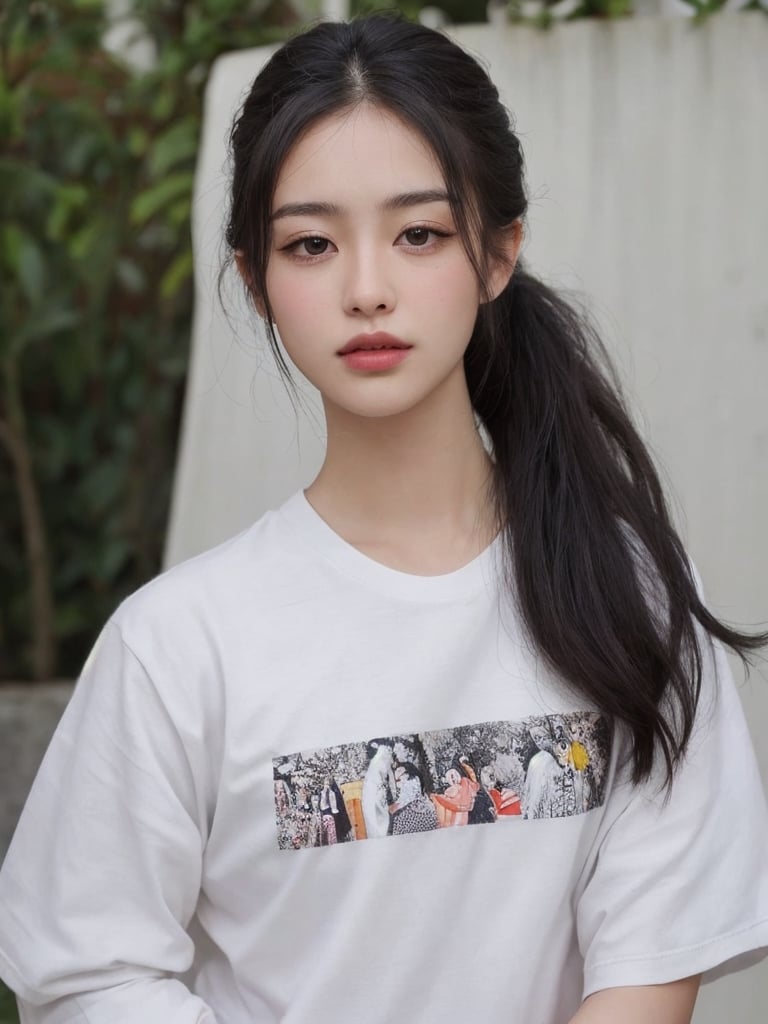 pretty korean mix french girl in malaysia, 30 years old. Average body, bright honey eyes with sharp size, full lips, long eyelashes. Black, ponytail, soul and spiritual mentor. T-Shirts,cinematic,photorealistic,masterpiece,1 girl ,best quality