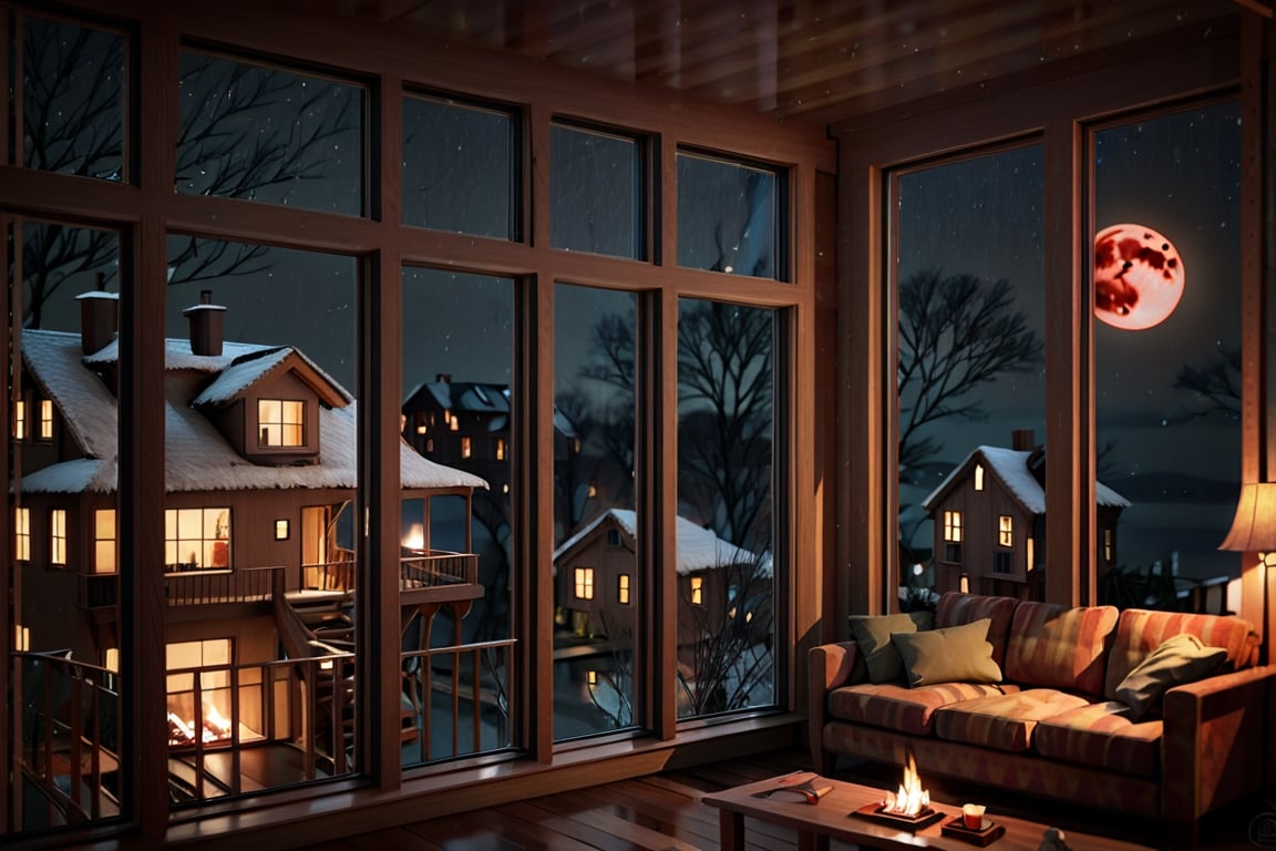 indoors, sky, night, no humans, window, street, fireplace, reflection, living house, sofa, railing, houses, treehouse, warm color, realistic, moon, ocean, chirstmans night