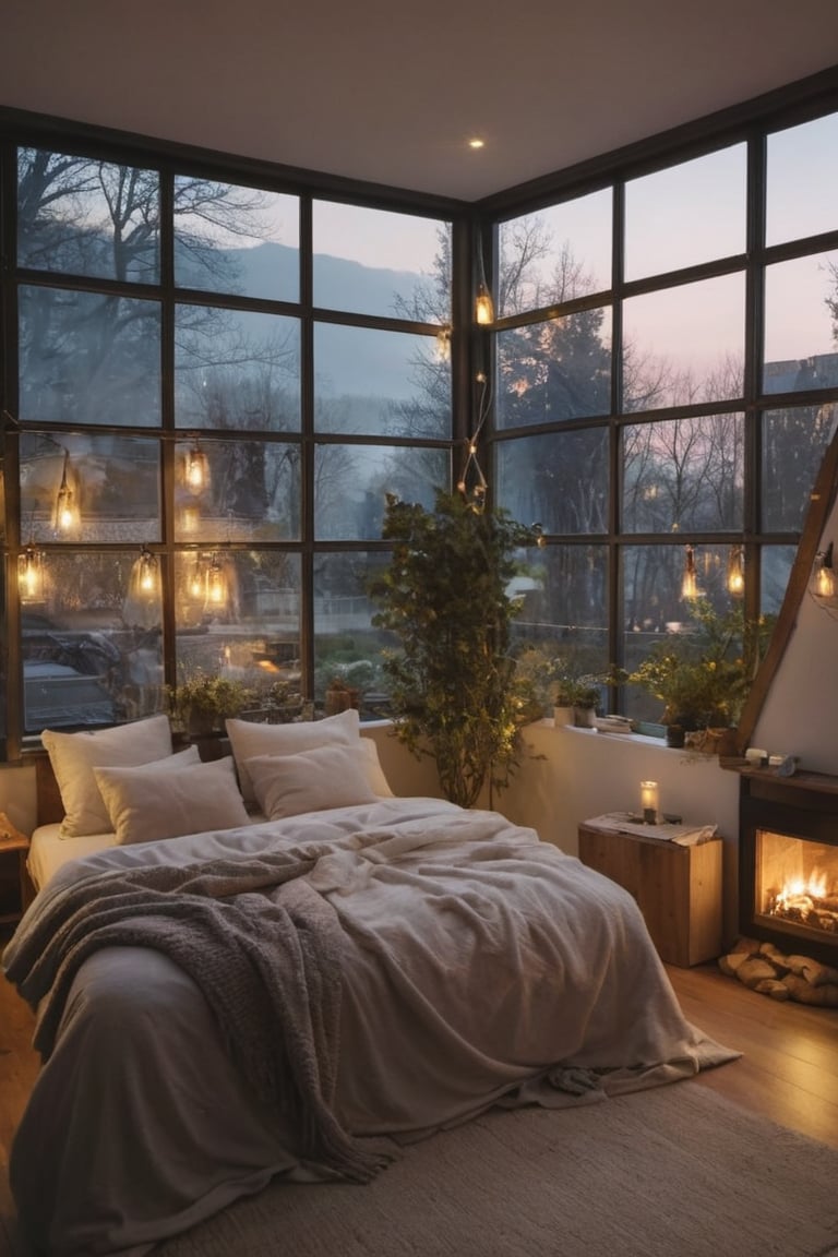 a modern day Elven bedroom, big panoramic windows, a fireplace. The bed is a haven of softness, with layers of plush blankets and fluffy duvets beckoning to be nestled into, midnight outside. Cosy atmosphere with fairy lights and ambient lighting. Professional photography, cinematic, high detail