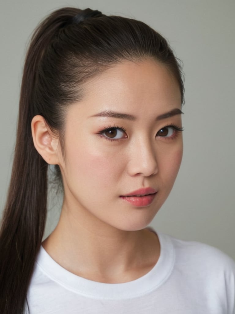 pretty japanese girl, 30 years old. Average body, bright honey eyes with sharp size, full lips, long eyelashes. Black, ponytail, soul and spiritual mentor. T-Shirts,cinematic,photorealistic,masterpiece,1 girl ,best quality