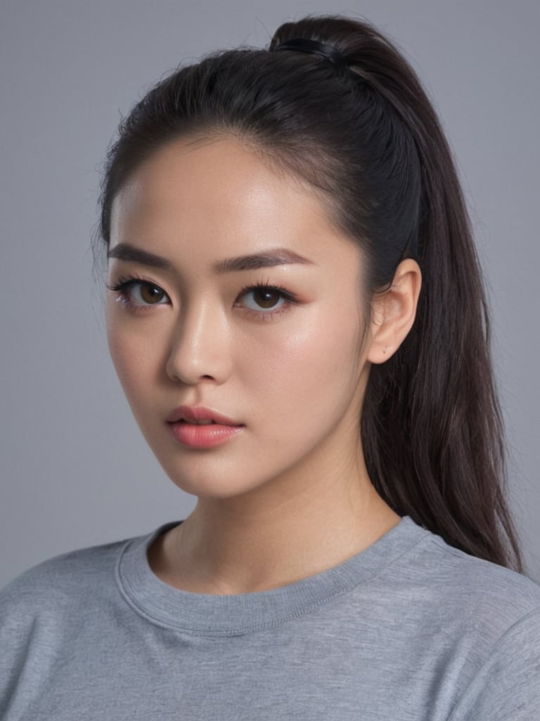 beautiful korean mix french girl, 30 years old. Average body, bright honey eyes with sharp size, full lips, long eyelashes. Black, ponytail, soul and spiritual mentor. T-Shirts,cinematic,photorealistic,masterpiece,1 girl ,best quality, sharp_nose, half_body