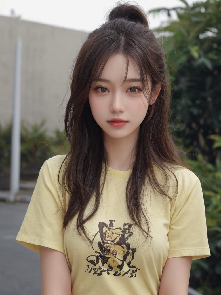pretty chinese mix girl in malaysia, 30 years old. Average body, bright honey eyes with sharp size, full lips, long eyelashes. Black, ponytail, soul and spiritual mentor. T-Shirts,cinematic,photorealistic